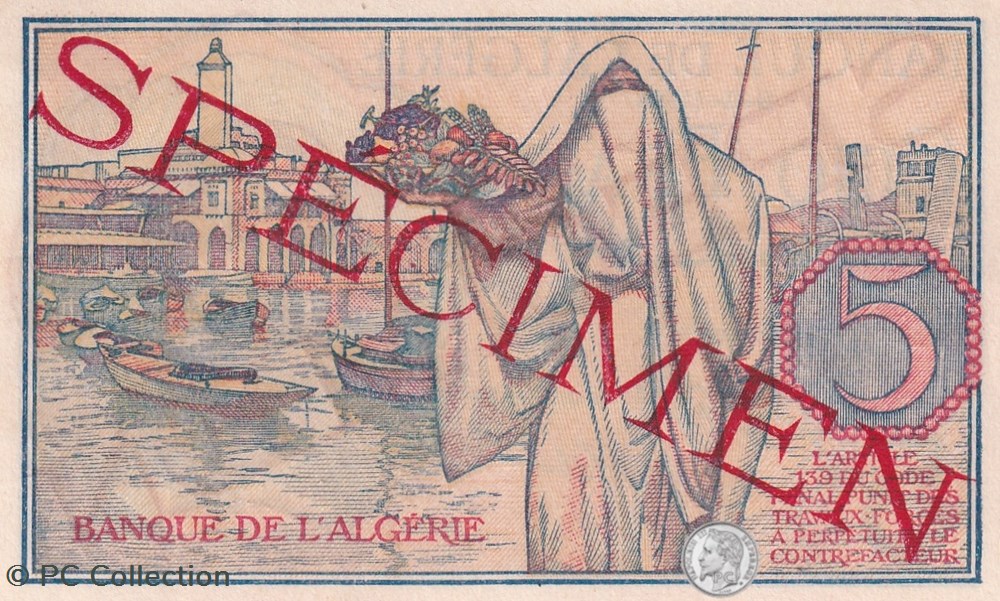 1944 Pick 94s 5 Franc algérien Unc Spécimen (1) billets afrique 1944 pick 94s 5 franc algerien unc specimen 1