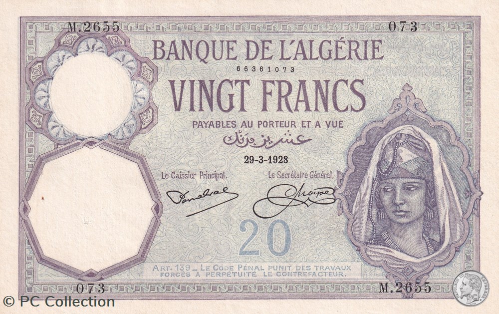 billets afrique 1928 pick78b 20 franc algerien 073 spl