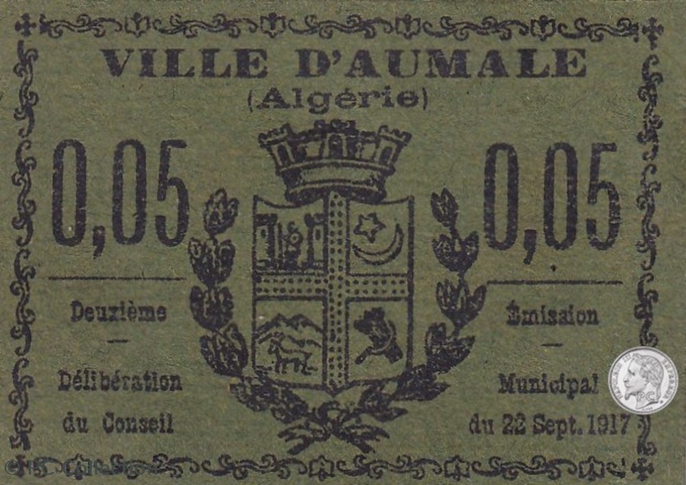 AUMALE 3 - 0,05 franc 1917 billets afrique algerie aumale 3 0 05 franc 1917