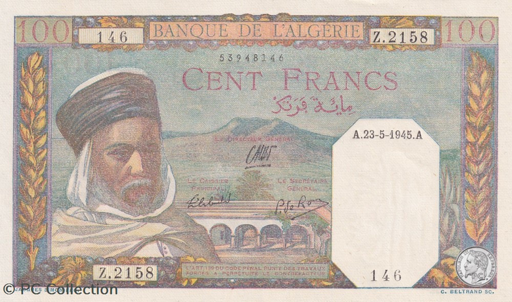 1945 Pick 85 100 Franc algérien 146 Unc billets afrique 1945 pick 85 100 franc algerien 146 unc