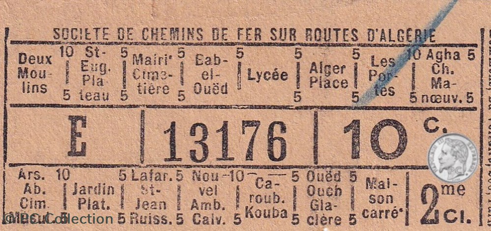 Ticket billet tramway -Tramways d'Alger début XXe "Société de Chemins de fer sur Routes d'Algérie" documents anciens titres transport ticket billet tramway tramways alger debut xxe societe de chemins de fer sur routes algerie