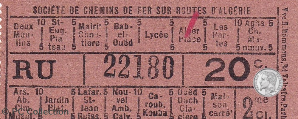 documents anciens titres transport ticket billet tramway tramways alger debut xxe societe de chemins de fer sur routes algerie