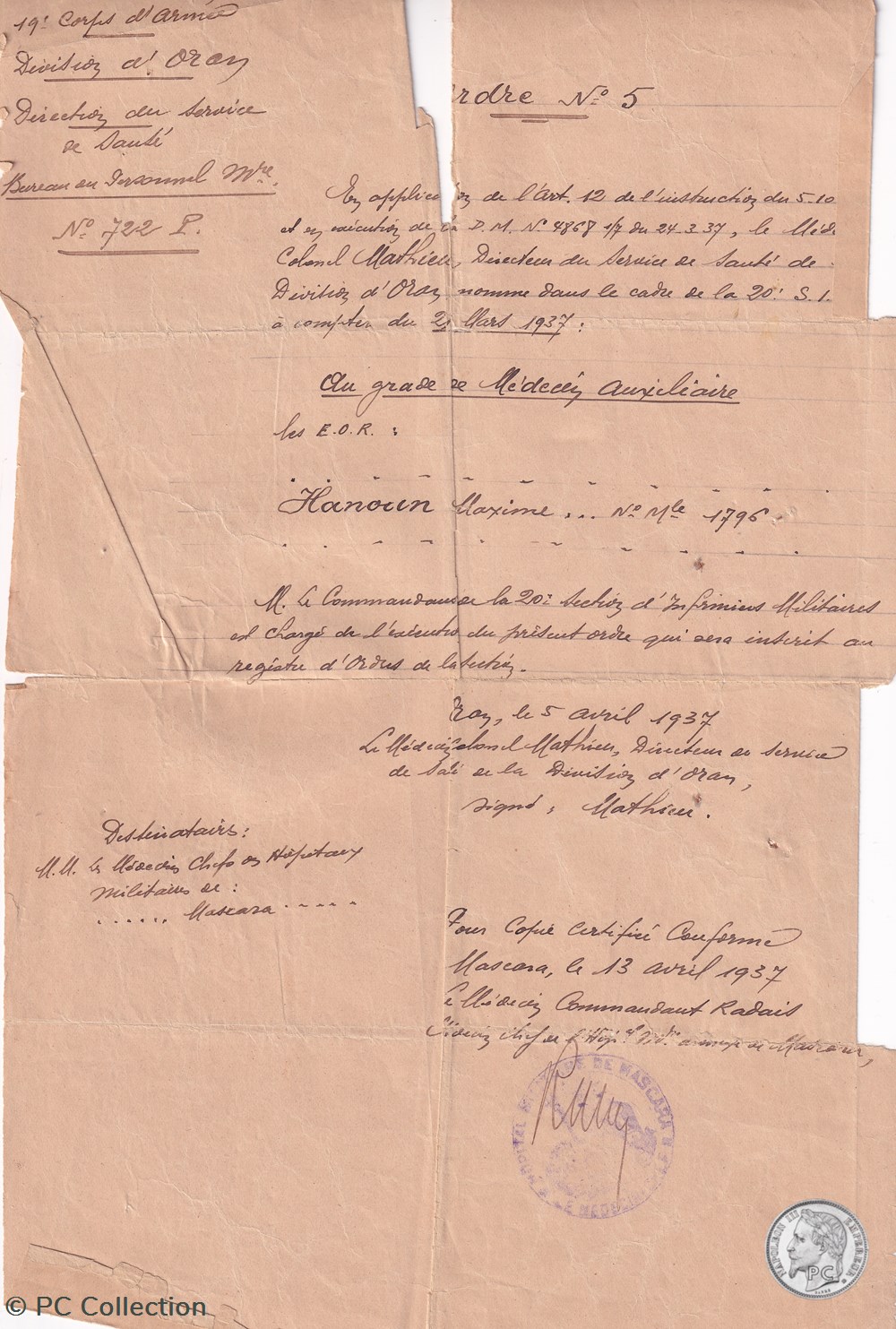 19 éme Corps D'armée Division d'Oran 2 documents anciens 19 eme corps armee division oran 2