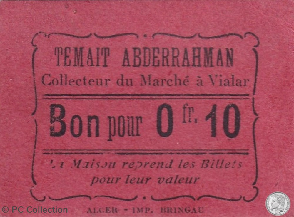VIALAR Ticket Carton rouge Bon pour 0,10 fr TEMAIT ABDERRAHAM billets afrique algerie vialar ticket carton rouge bon pour 0 10 fr temait abderraham