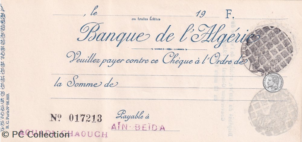 Très rare Chèque Banque Algérie avec filigrane LION billets afrique tres rare cheque banque algerie avec filigrane lion