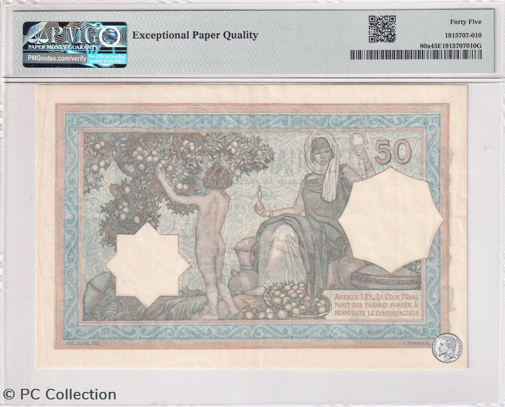 1937 Pick80 50 Franc algérien PMG 45 billets afrique 1937 pick80 50 franc algerien pmg 45