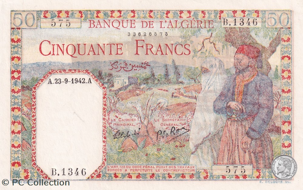 1942 Pick84 50 Franc algérien Unc billets afrique 1942 pick84 50 franc algerien unc