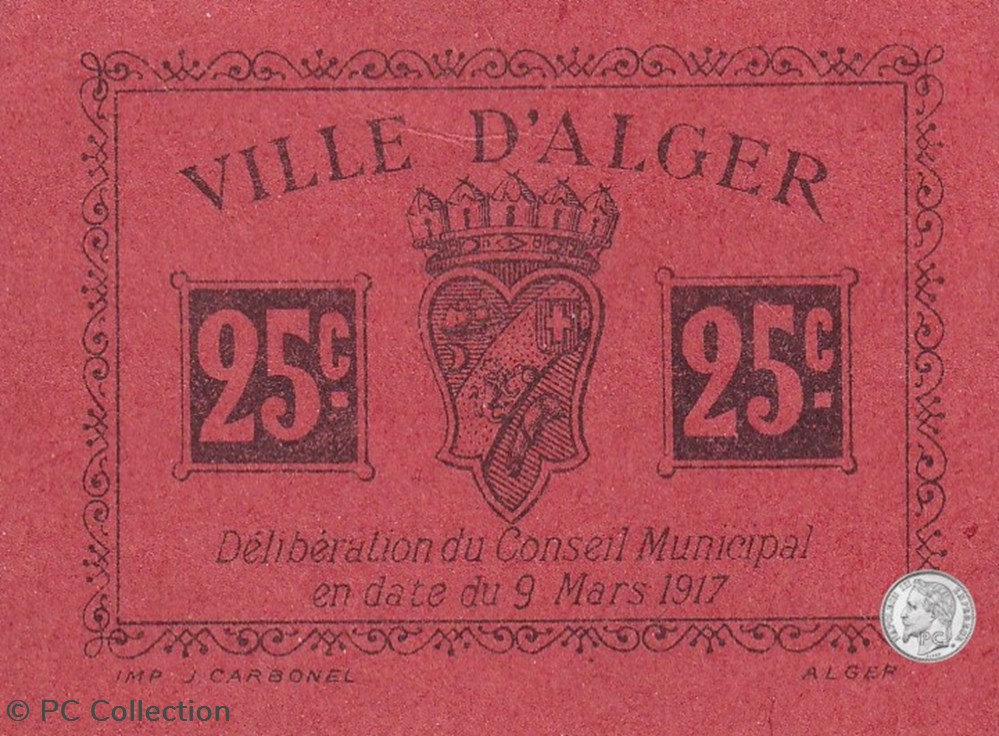 billets afrique algerie ville alger 9 3 1917 25 centimes orange vif 2