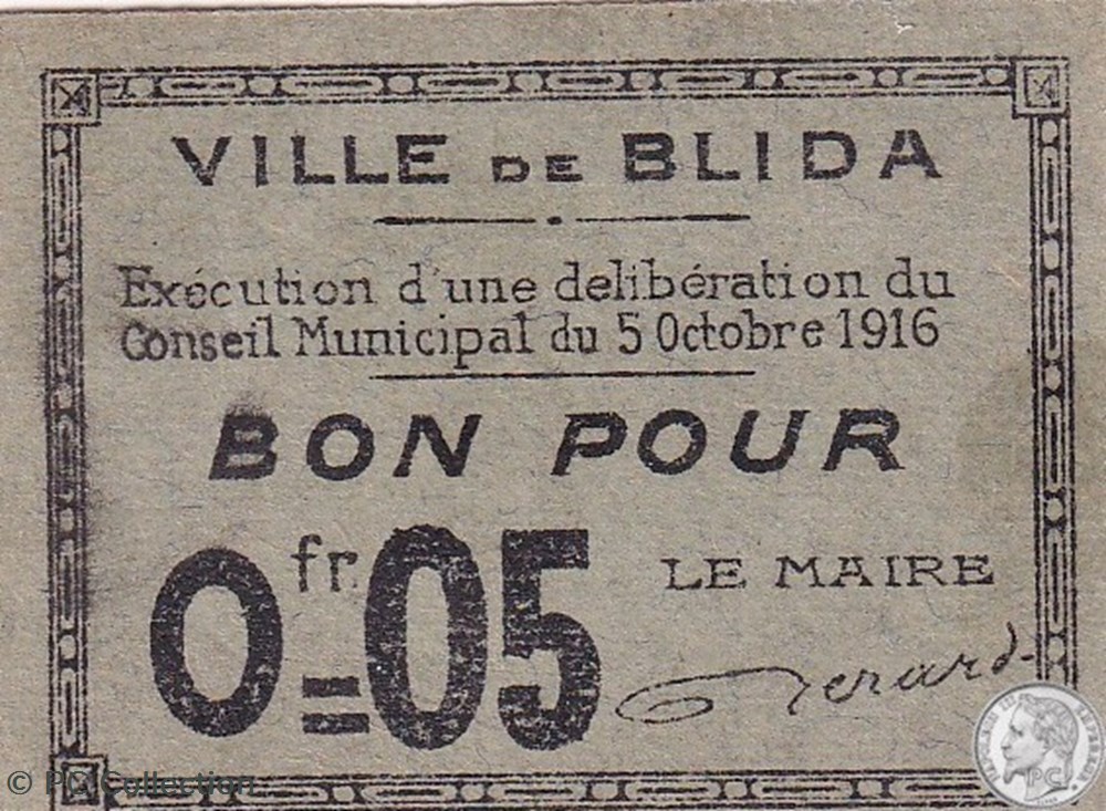BLIDA 1 - Gris - 0,05 franc 1916 billets afrique algerie blida 1 gris 0 05 franc 1916