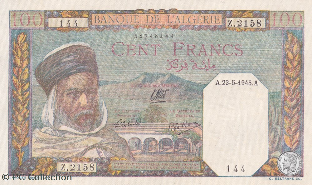 1945 Pick 85 100 Franc algérien 144 Unc billets afrique 1945 pick 85 100 franc algerien 144 unc
