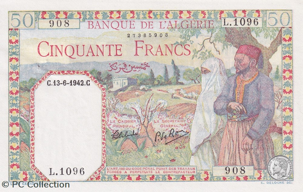 1942 Pick84 50 Franc algérien Aunc billets afrique 1942 pick84 50 franc algerien aunc
