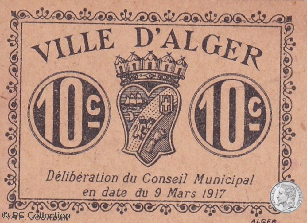 Ville d'Alger- 9/3/1917 10 Centimes Beige (6) billets afrique algerie ville alger 9 3 1917 10 centimes beige 6