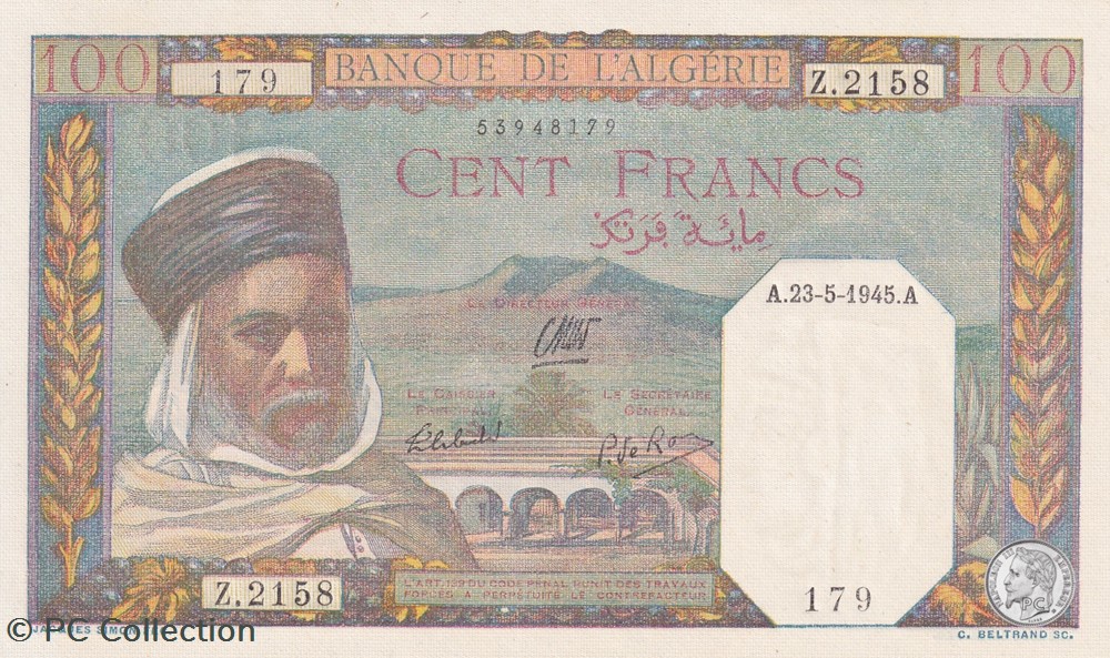 1945 Pick 85 100 Franc algérien 179 Unc billets afrique 1945 pick 85 100 franc algerien 179 unc