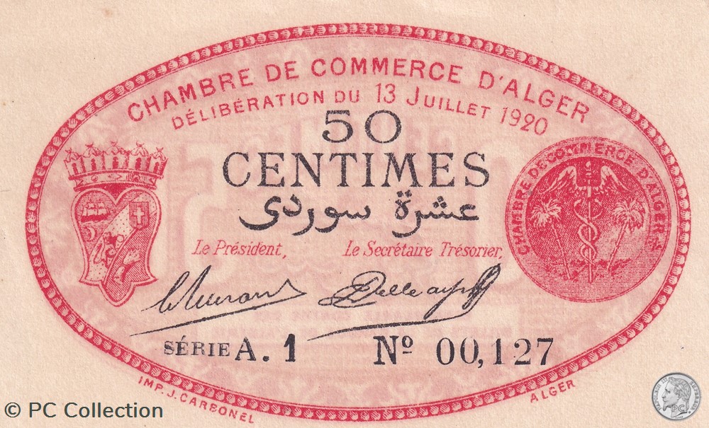 137-13- 13/7/1920 Alger 50 cts Cdc. (1) billets afrique algerie 137 13 13 7 1920 alger 50 cts cdc 1