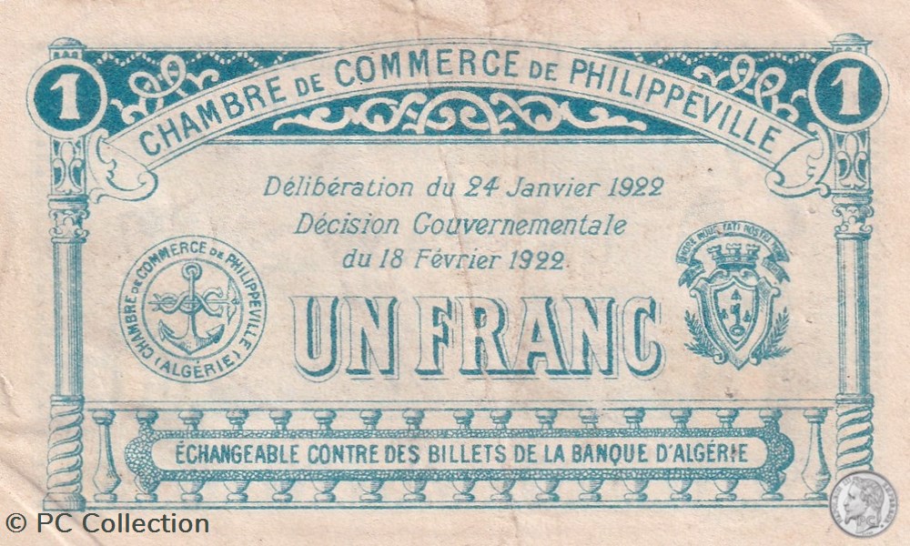 142-11- 24/1/1922 Philippeville 1 Franc Cdc Série A3 billets afrique algerie 142 11 24 1 1922 philippeville 1 franc cdc serie a3
