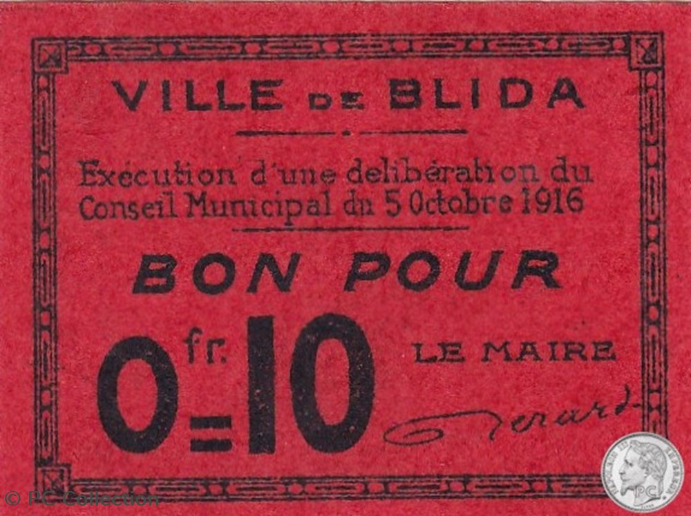 BLIDA 5 - 0,10 franc 1916 billets afrique algerie blida 5 0 10 franc 1916