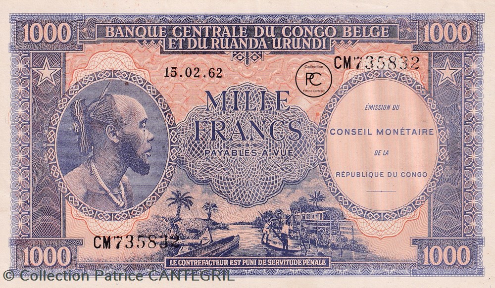 1962 Pick2a 1 000 FC - Franc congolais Unc billets afrique republique du 1962 pick2a 1 000 fc franc congolais unc