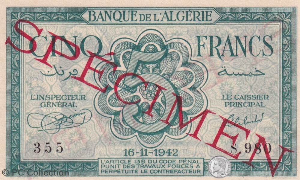 1942 Pick91s 5 Franc algérien Unc Spécimen (2) billets afrique 1942 pick91s 5 franc algerien unc specimen 2