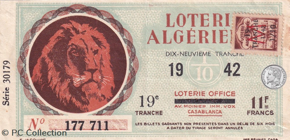billets afrique loterie algerienne 1 10eme 19eme tranche 1942