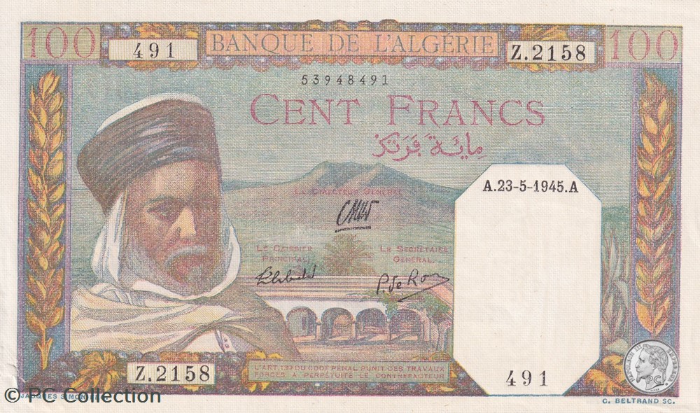 1945 Pick 85 100 Franc algérien 491 Spl billets afrique 1945 pick 85 100 franc algerien 491 spl