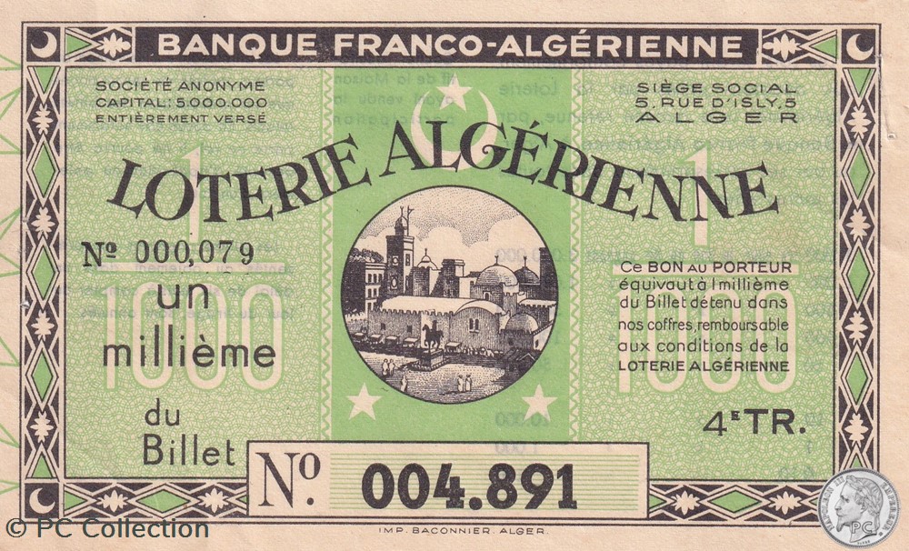 Banque Franco Algérienne 1/1000éme 4éme Tranche billets afrique banque franco algerienne 1 1000eme 4eme tranche