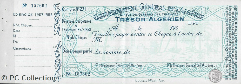 TRÉSOR ALGÉRIEN Chèque vierge avec souche Exercice 1957 - 1958 Très bon état billets afrique tresor algerien cheque vierge avec souche exercice 1957 1958 tres bon etat