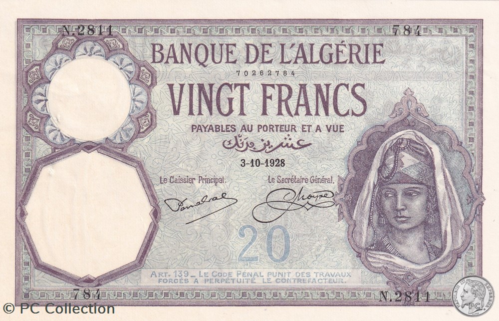 1928 Pick78b 20 Franc algérien 784 Spl billets afrique 1928 pick78b 20 franc algerien 784 spl