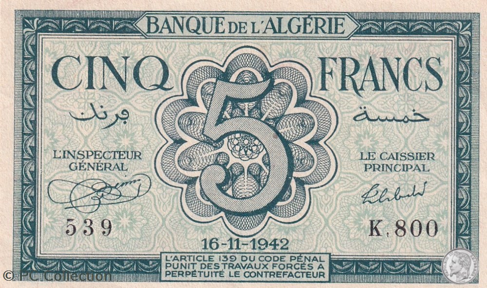 1942 Pick91 436 5 Franc algérien (6) billets afrique 1942 pick91 436 5 franc algerien 6