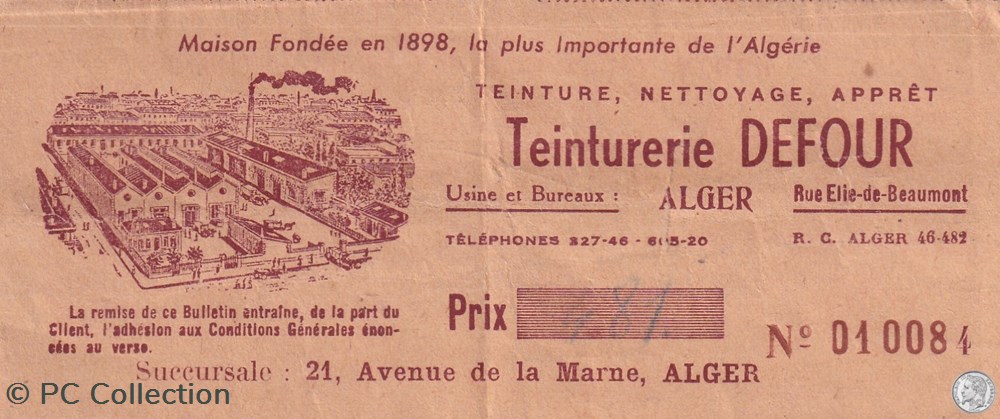 Teinturerie DEFOUR Alger 1 billets afrique algerie teinturerie defour alger 1