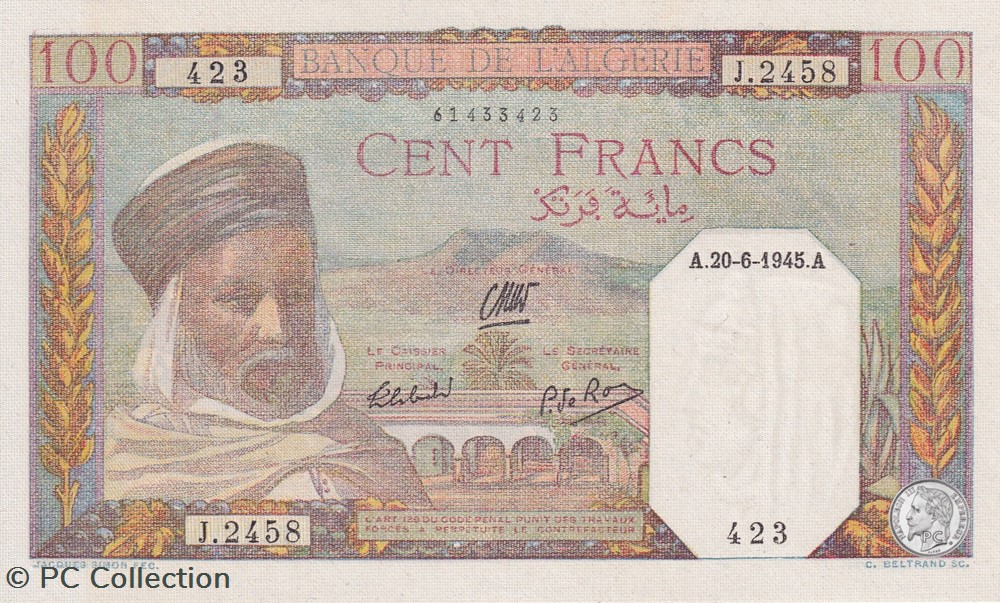 1945 Pick 85 100 Franc algérien 423 Unc billets afrique 1945 pick 85 100 franc algerien 423 unc