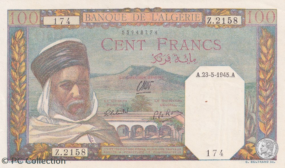 1945 Pick 85 100 Franc algérien 174 Unc billets afrique 1945 pick 85 100 franc algerien 174 unc