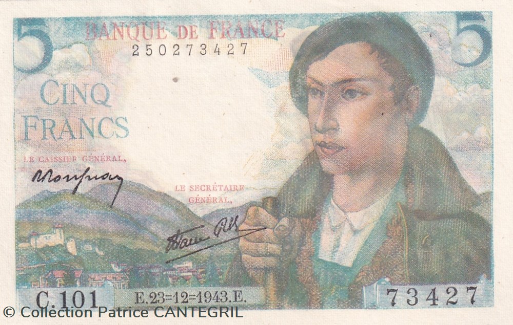billets europe france 1943 pick 98 a 5 francs berger spl