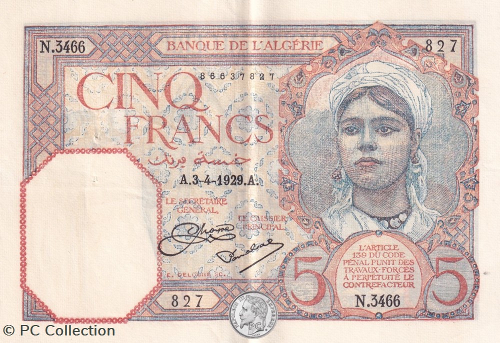 1929 Pick77a 5 Franc algérien Sup billets afrique 1929 pick77a 5 franc algerien sup