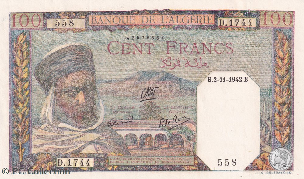 1942 Pick88 100 Franc algérien 558 Unc billets afrique 1942 pick88 100 franc algerien 558 unc