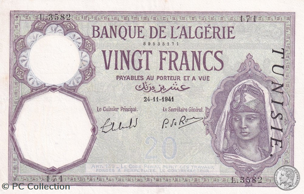 1941 Pick6b.16 Issue Banque de l'Algérie - TUNISIE 20 F - Franc tunisien Spl billets afrique 1941 pick6b 16 issue banque de algerie tunisie 20 f franc tunisien spl
