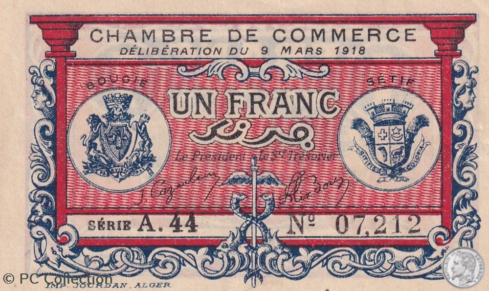 139-6- 9/3/1918 Bougie Sétif 1 Franc Cdc Séries A.44 billets afrique algerie 139 6 9 3 1918 bougie setif 1 franc cdc series a 44