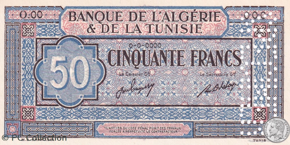 1949 Pick23s 50 Francs Khamassi Spécimen (3) billets afrique algerie 1949 pick23s 50 francs khamassi specimen 3
