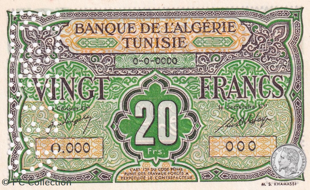 billets afrique algerie 1948 pick 22s 20 francs khamassi specimen 1