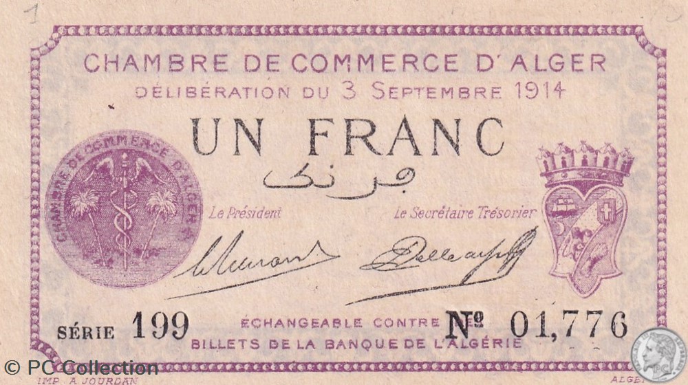 137-1 -3/9/1914-199 01,776- Alger 1 Franc Cdc. (3) billets afrique algerie 137 1 3 9 1914 199 01 776 alger 1 franc cdc 3