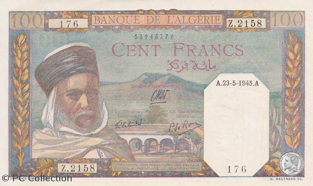 1945 Pick 85 100 Franc algérien 176 Unc billets afrique 1945 pick 85 100 franc algerien 176 unc