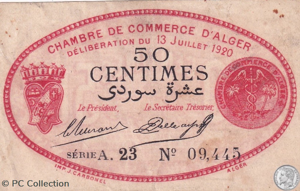 137-13-13/7/1920 Alger 50 cts Cdc. (3) billets afrique algerie 137 13 13 7 1920 alger 50 cts cdc 3
