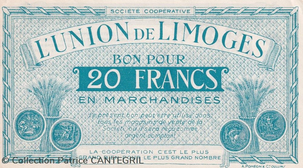 20 Francs Union de Limoges Unc billets 20 francs union de limoges unc