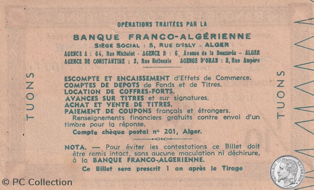 Banque Franco Algérienne 1/10éme 28éme Tranche 1953 billets afrique banque franco algerienne 1 10eme 28eme tranche 1953