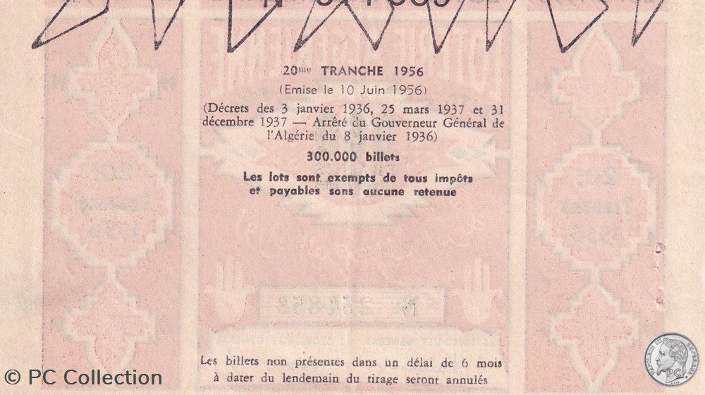 Loterie Algérienne 20éme Tranche 1956 billets afrique loterie algerienne 20eme tranche 1956