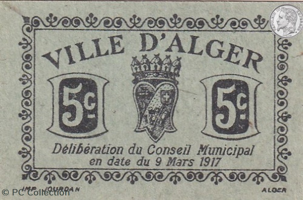 Ville d'Alger- 9/3/1917 5 Centimes Vert (1) billets afrique algerie ville alger 9 3 1917 5 centimes vert 1