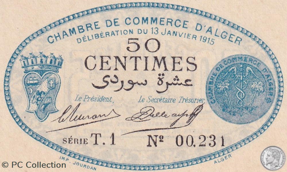 137-8-13/1/1915 Alger 50 cts Cdc. (1) billets afrique algerie 137 8 13 1 1915 alger 50 cts cdc 1