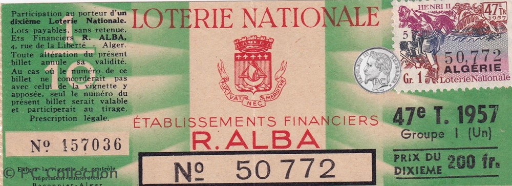 billets afrique loterie algerienne 1 10eme 47eme tranche 1957