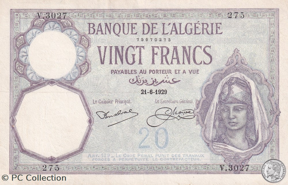 1929 Pick78b 20 Franc algérien TTB+ billets afrique 1929 pick78b 20 franc algerien ttb