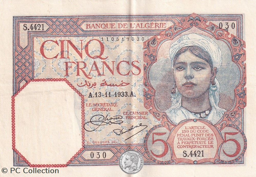 1933 Pick77a 5 Franc algérien Sup billets afrique 1933 pick77a 5 franc algerien sup