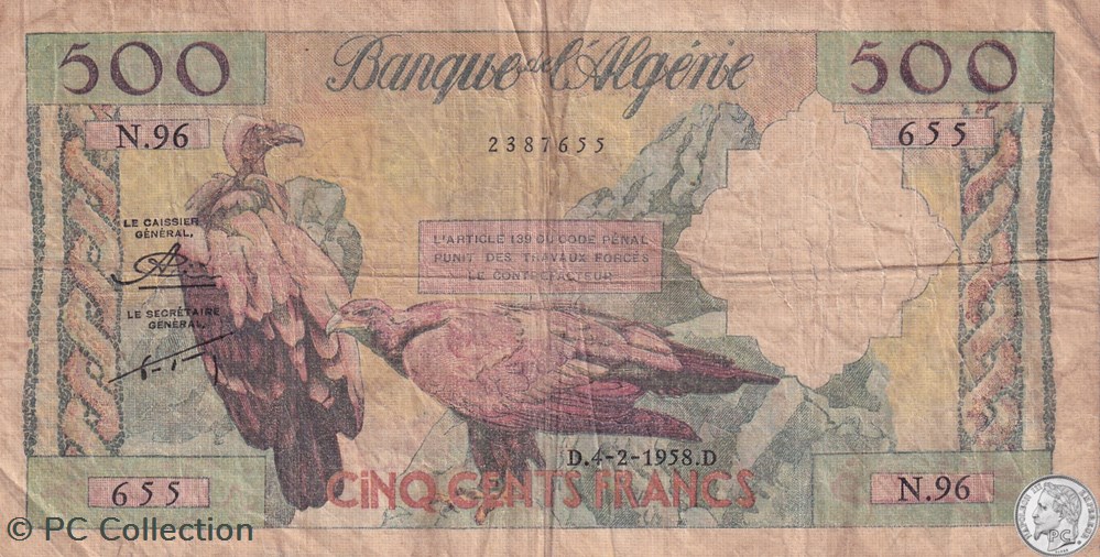 1958 Pick117 500 Francs Banque de l'Algérie TB billets afrique 1958 pick117 500 francs banque de algerie tb